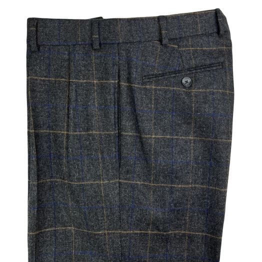 O'Connell's Pleated Merino Wool Trousers - Charcoal with Blue & Camel Windowpane