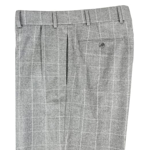 O'Connell's Pleated Front 130s Lambswool Flannel Trousers - Light Grey with White Windowpane