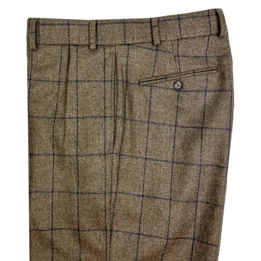 O'Connell's Pleated Front Geelong Lambswool Flannel Trousers - Brown with Navy Window