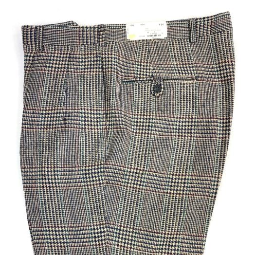 O'Connell's Pleated Front Wool Tweed Trousers - Glen Plaid - Navy & Tan with Red, Mint & Gold (P236)