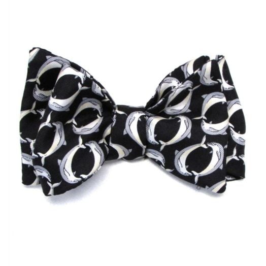 O'Connell's Printed Silk Bow Tie - Dolphins - Black with Grey & White (14765)