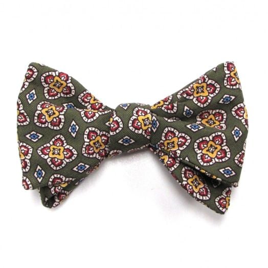 O'Connell's Printed Silk Bow Tie - Royal Olive with Red, Gold, Blue & White (79790)