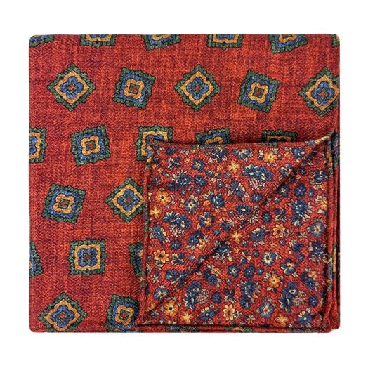 O'Connell's Reversible Silk Pocket Square - Squares & Floral - Rust (111730)