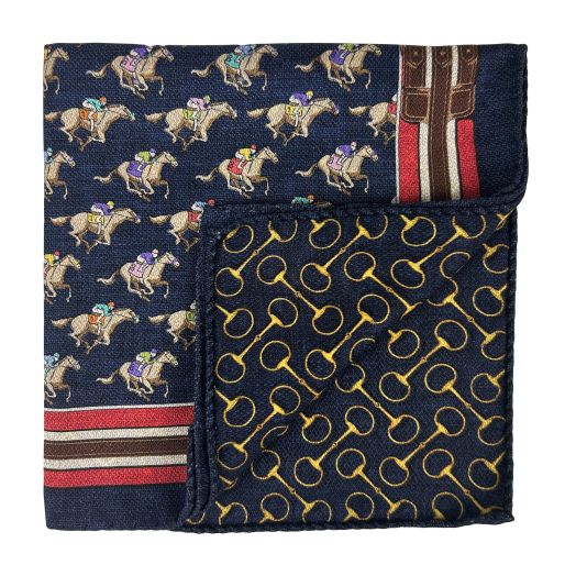 O'Connell's Reversible Silk Pocket Square - Thoroughbreds & Bits - Navy (118833)