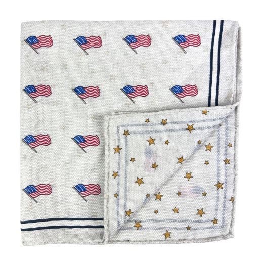 O'Connell's Reversible Silk Pocket Square - USA Flags & Stars - White (118835)
