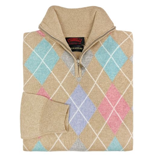 O'Connell's Scottish Cashmere & Cotton Quarter-Zip Argyle Sweater - Natural