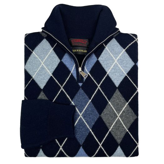 O'Connell's Scottish Cashmere & Cotton Quarter-Zip Argyle Sweater - Navy