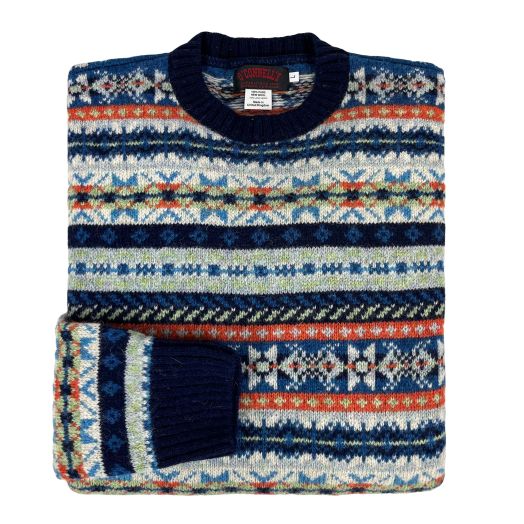 O'Connell's Scottish Shetland Fair Isle Sweater - Navy with Orange & Blue