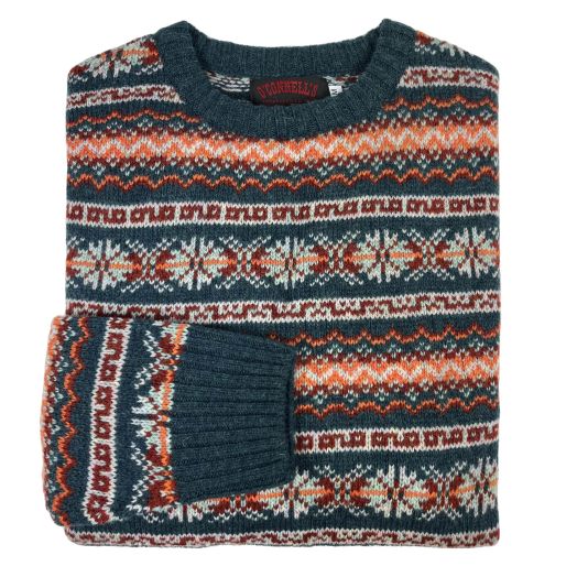 O'Connell's Scottish Shetland Fair Isle Sweater - Storm Blue, Tan, Rust & Orange