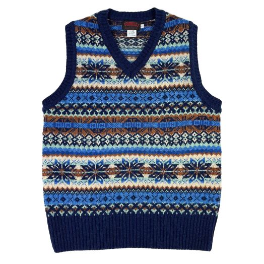 O'Connell's Scottish Shetland Wool Fair Isle Sleeveless Pullover - Starnight Blue