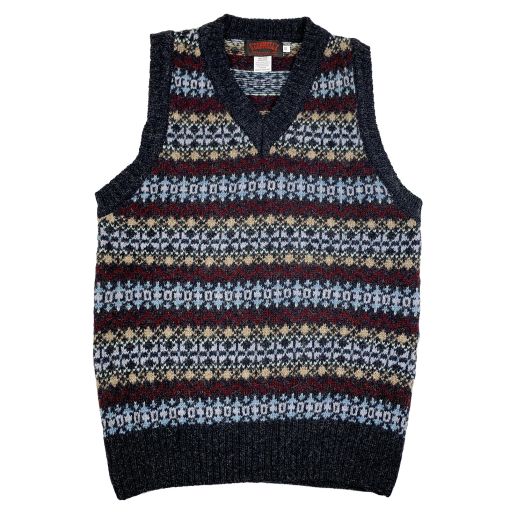 O'Connell's Scottish Shetland Wool Fair Isle Sleeveless Pullover - Charcoal with Sky, Tan & Burgundy