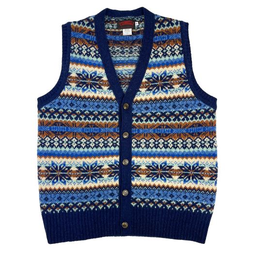 O'Connell's Scottish Shetland Wool Sleeveless Cardigan - Fair Isle - Starnight Blue