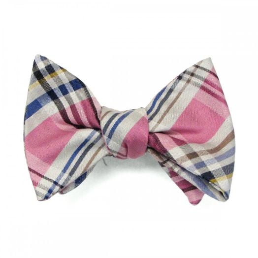 O'Connell's Silk Bow Tie - Plaid - Pink with White, Blue & Yellow (Pink3) (77566)