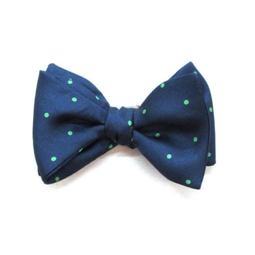 O'Connells Silk Bow Tie - Polka Dots - Green on Navy (71645)