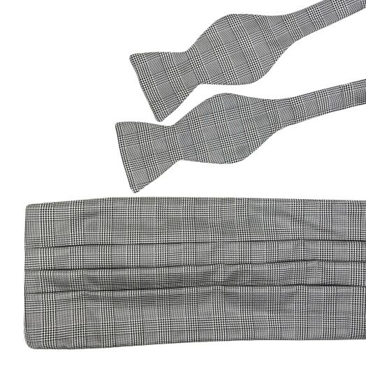 O'Connell's Silk Cummerbund & Bow Tie Set - Black & White Glen Plaid (103010)