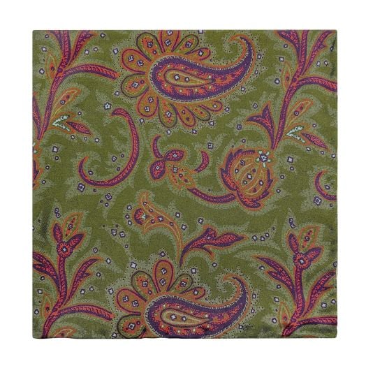 O'Connell's Silk Pocket Square - Paisley - Olive with Magenta (63629)