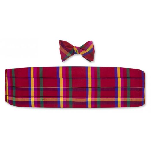 O'Connell's Silk Shantung Cummerbund & Bow Tie Set - Red, Yellow, Hot Pink, Purple, Green Plaid (89280)