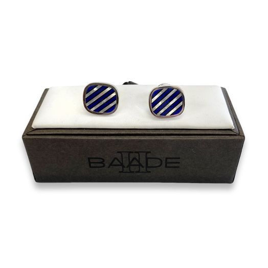 O'Connell's Silver Finish Cufflinks - Repp Stripe Ovule - Lapis & Mother of Pearl (56592)