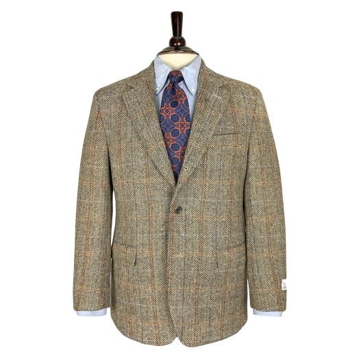 O'Connell's Sport Coat - Harris Tweed - Brown Herringbone with Sky & Orange Windowpane