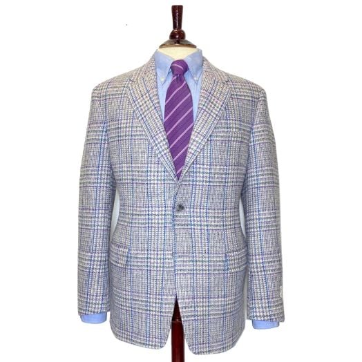 O'Connell's Sport Coat - Harris Tweed - Glen Plaid - Light Grey with Purple & Blue