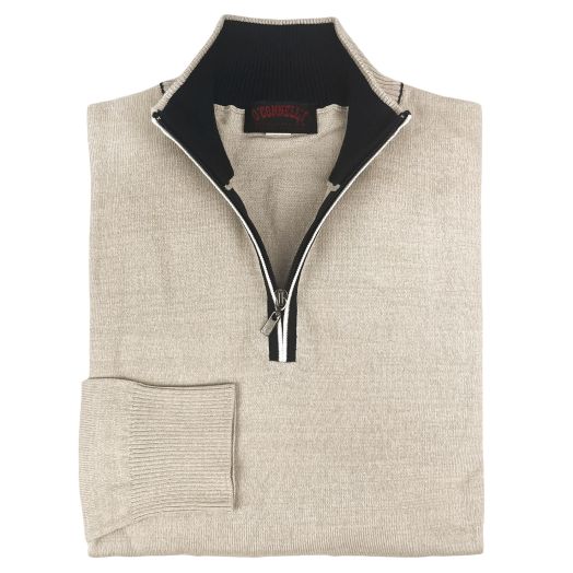 O'Connell's Superfine Cotton Knit Zip Mock Sweater - Linen with Navy