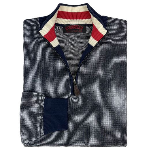 O'Connell's Superfine Cotton Knit Zip Mock Sweater - Navy Crowsfoot with Red