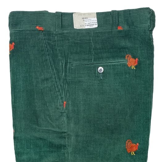 O'Connell's Vintage Embroidered Corduroy Trousers - Turkeys on Hunter Green