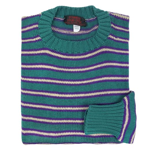 O'Connell's Women's Cotton Crewneck - Striped - Pine Green, Violet & Cream