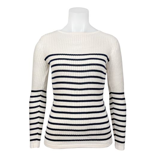 O'Connell's Women's Pima Cotton Ribbed Boatneck Top - Stripe - Cream & Navy (3868)
