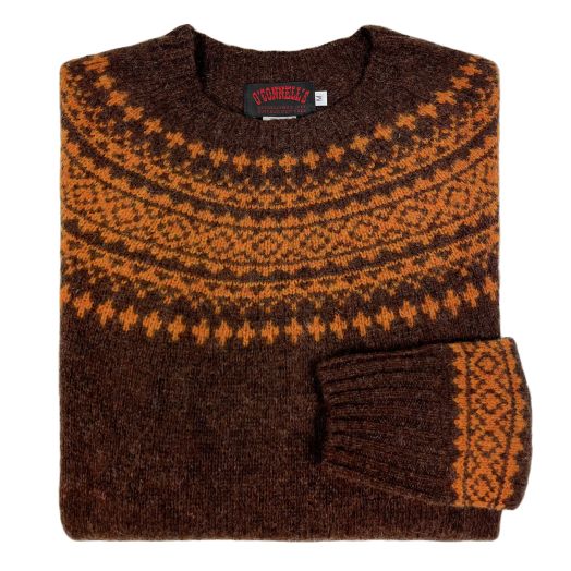 O'Connell's Womens Scottish Shetland Sweater - Fair Isle Yoke - Coffee