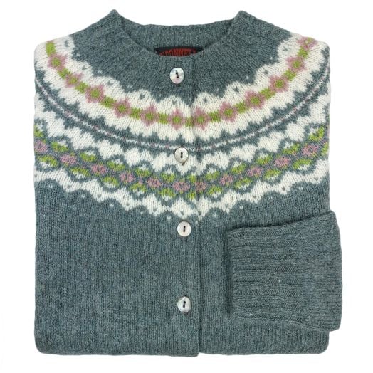 O'Connell's Womens Scottish Shetland Wool Fair Isle Yoke Cardigan Sweater - Graphite Green