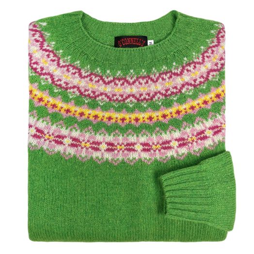 O'Connell's Womens Scottish Shetland Sweater - Fair Isle Yoke - Kelly Green