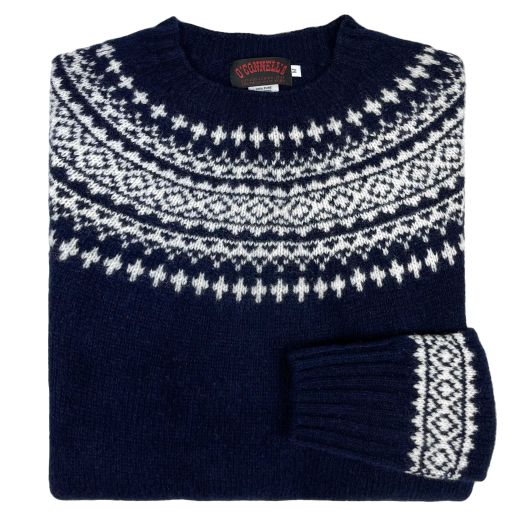 O'Connell's Womens Scottish Shetland Sweater - Fair Isle Yoke - Navy & White