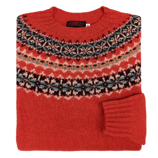 O'Connell's Women's Scottish Shetland Sweater - Fair Isle Yoke - Scarlet