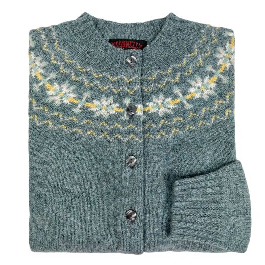 O'Connell's Womens Scottish Shetland Wool Fair Isle Yoke Cardigan Sweater - Graphite Green