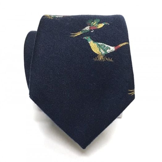 O'Connell's Wool & Silk Necktie - Pheasants - Navy (94261)