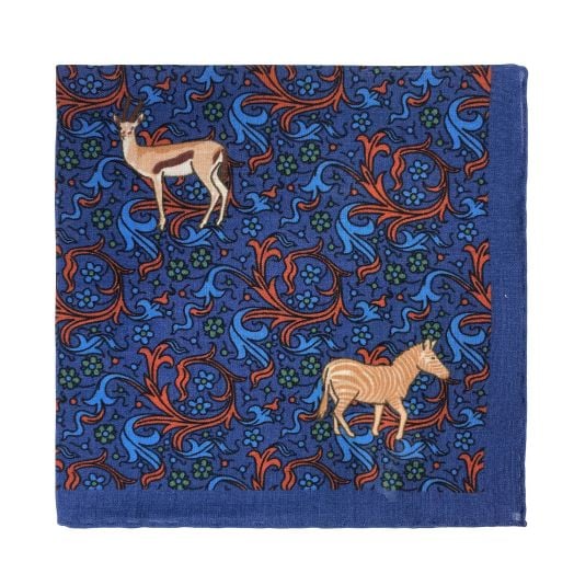 O'Connell's Wool & Silk Pocket Square - Zebras & Springboks - Navy (104633)