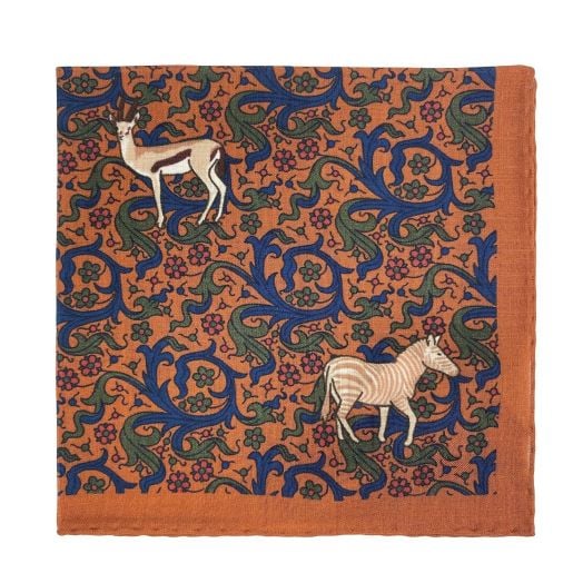 O'Connell's Wool & Silk Pocket Square - Zebras & Springboks - Rust (104632)