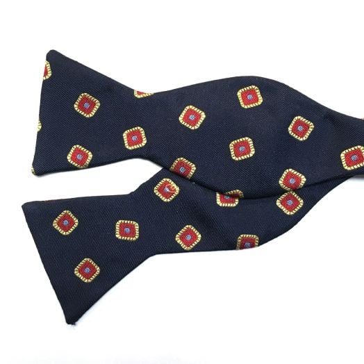 O'Connell's Woven Silk Bow Tie - Rounded Squares - Navy with Gold, Red & Sky (87683)
