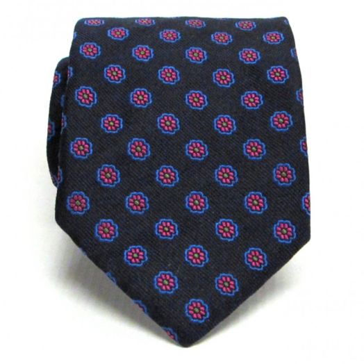 O'Connell's Woven Silk Necktie - Neat - Navy with Light Blue, Pink & Green (Navy1) (71412)