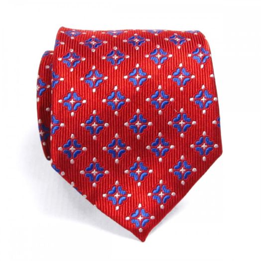 O'Connell's Woven Silk Necktie - Red with Blue & White (75419)