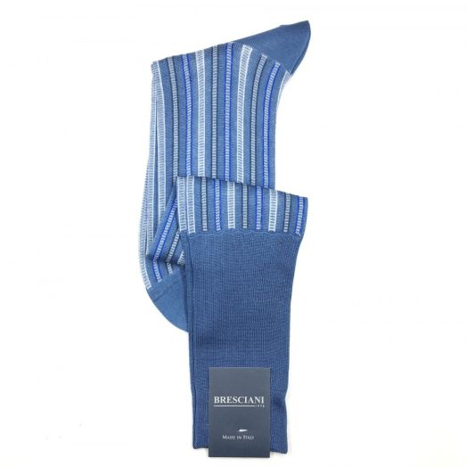 Cotton over-the-calf Bresciani Socks - Ladder Stripe - Blue (93547)