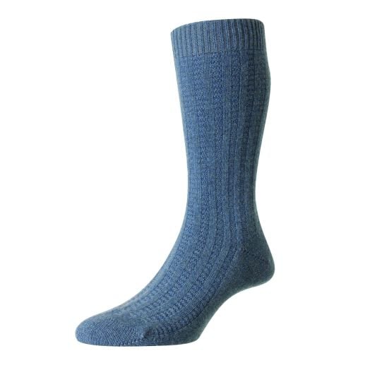 Pantherella Cashmere & Merino Wool Mid-calf Socks - Texured Rib - Denim