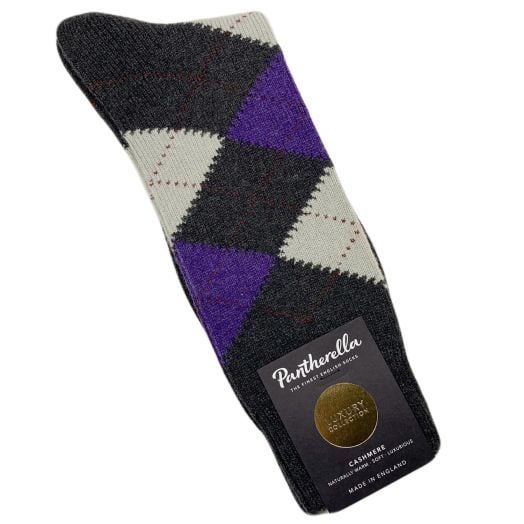 Pantherella Cashmere Mid-Calf Socks - Argyle - Charcoal with Purple & Fog 093191