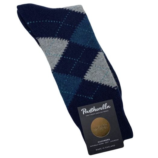 Pantherella Cashmere Mid-Calf Socks - Argyle - Navy with Teal & Fog (093189)