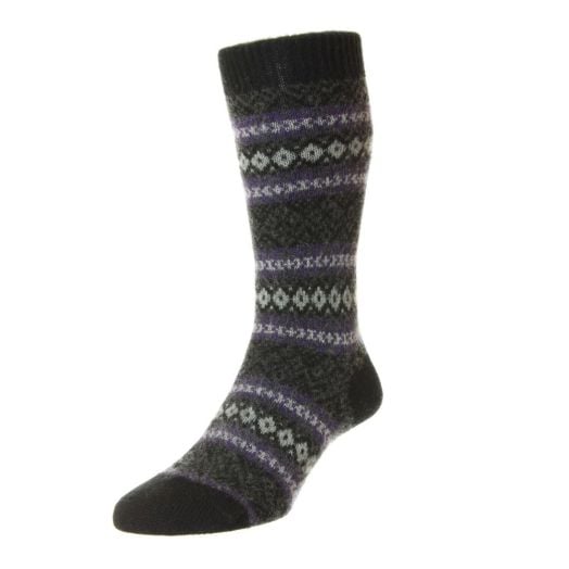 Pantherella Cashmere Mid-Calf Socks - Fair Isle - Black with Purple & Grey