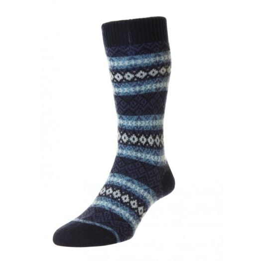 Pantherella Cashmere Mid-Calf Socks - Fair Isle - Navy with Lilac & Sky