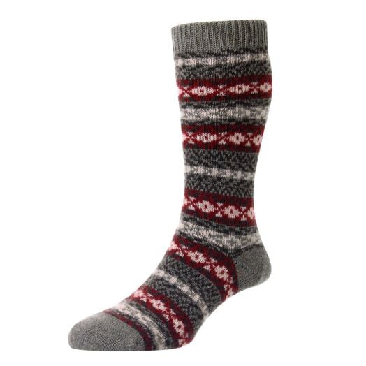 Pantherella Cashmere Mid-Calf Socks - Fair Isle - Olive, Red & Blue
