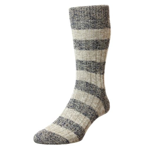 Pantherella Cotton Block Stripe - Beige Midnight Marl