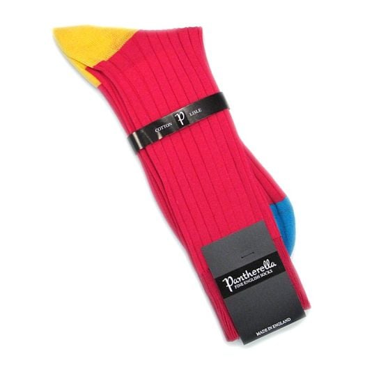 Pantherella Cotton Lisle Socks - Pink with Yellow heel and Aqua toe (mid-calf)